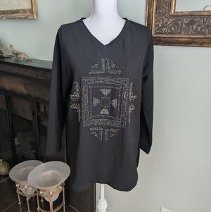 Susan Graver Artisan Women's Medium Black Long Sleeve Geometric Beaded Design